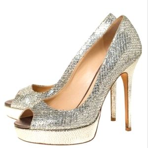 Jimmy Choo champagne glitter dahlia peep toe pumps